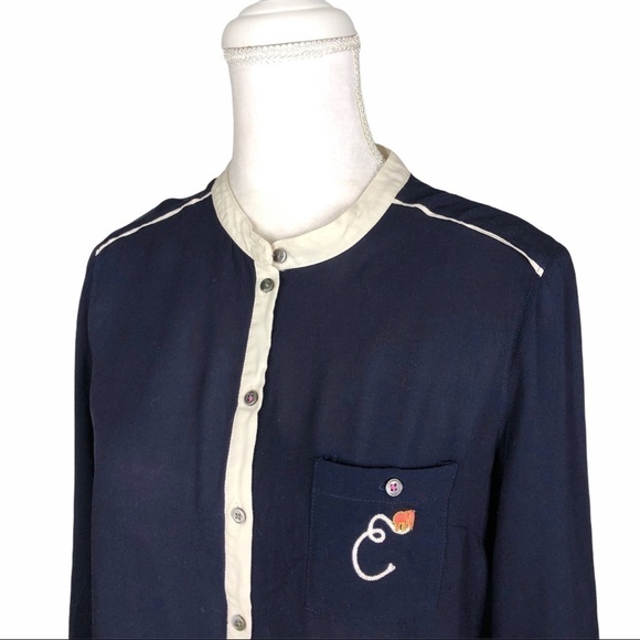 Anthropologie Maeve monogram E elephant blouse top small navy blbue - Picture 1 of 12